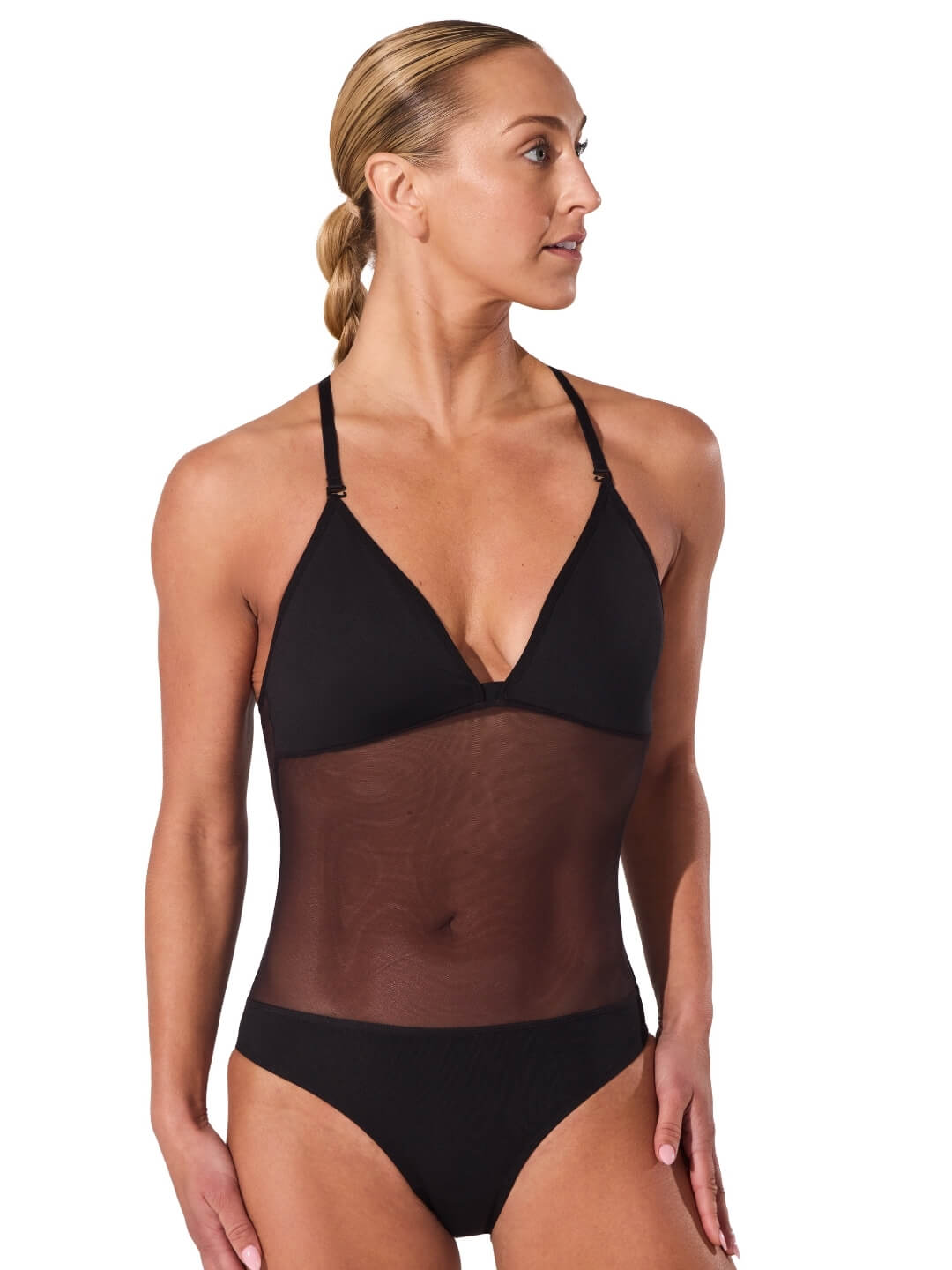 Plunge Neck Mesh Midriff Leotard