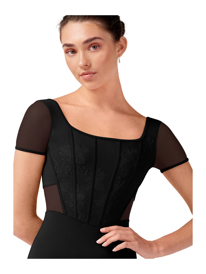 Olivia Embroidered Corset Cap Sleeve Leotard