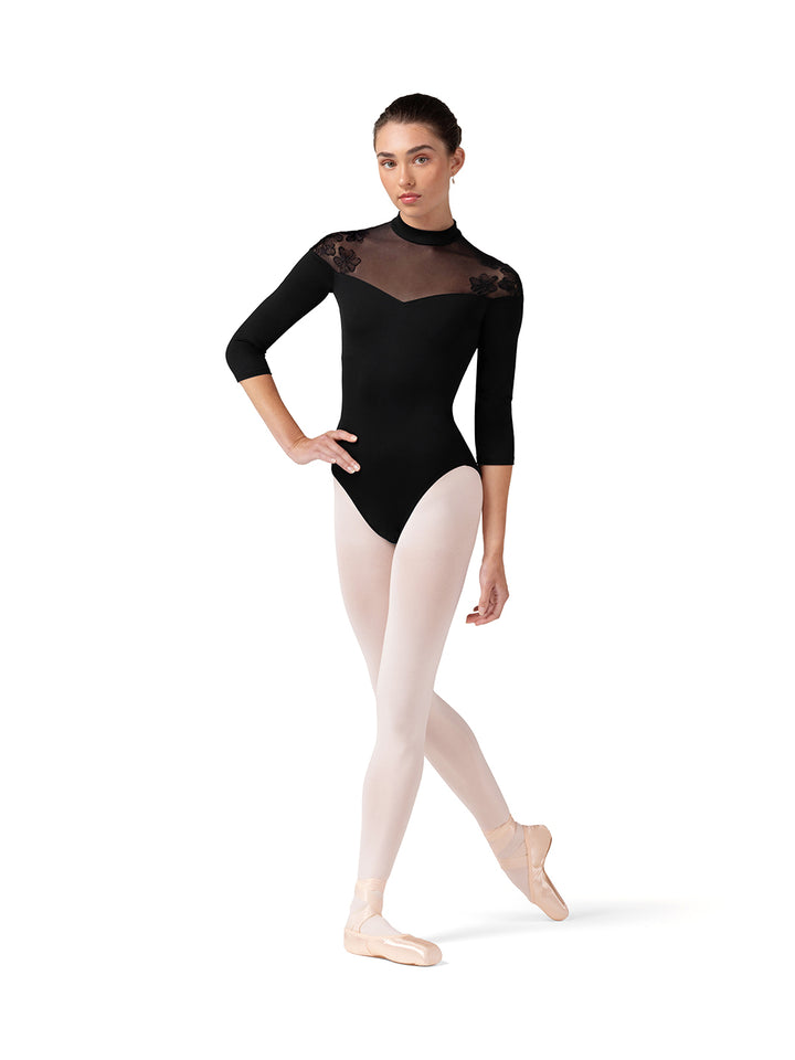 Calista Embroidered Sweetheart Three Quarter Sleeve Leotard