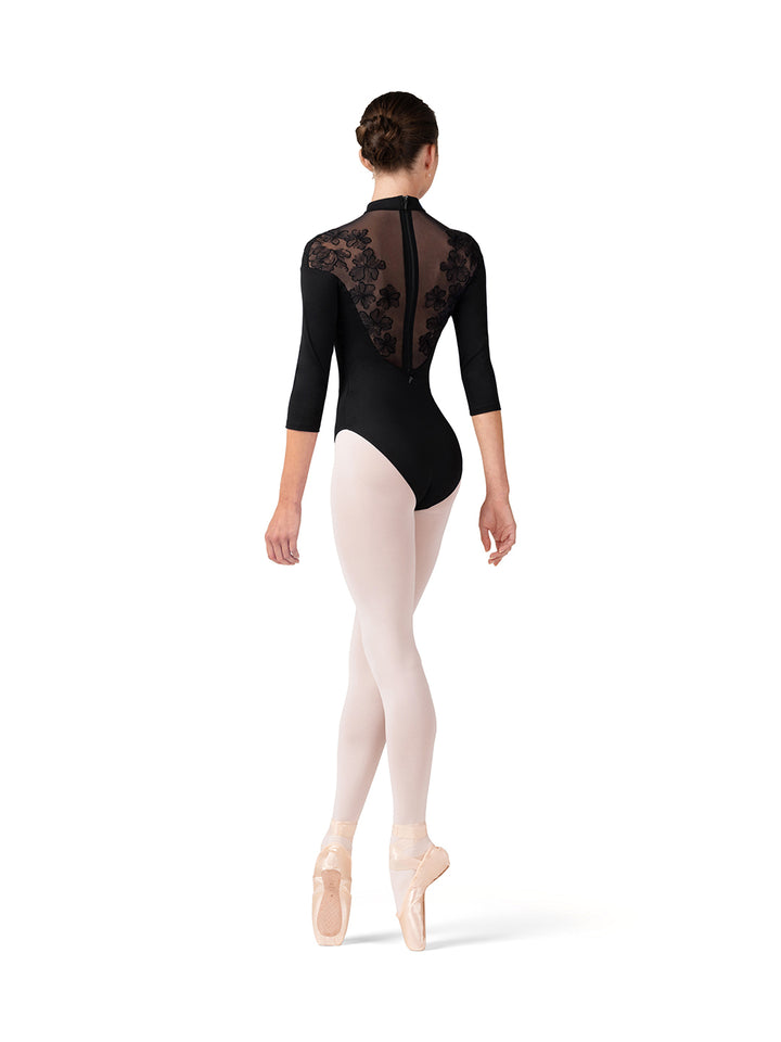 Calista Embroidered Sweetheart Three Quarter Sleeve Leotard