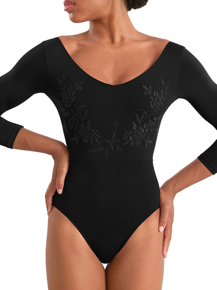 V Neck Embroidered 3/4 Sleeve Leotard
