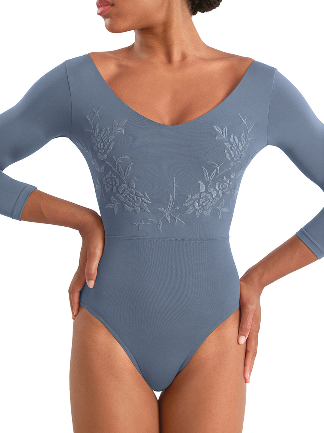 V Neck Embroidered 3/4 Sleeve Leotard