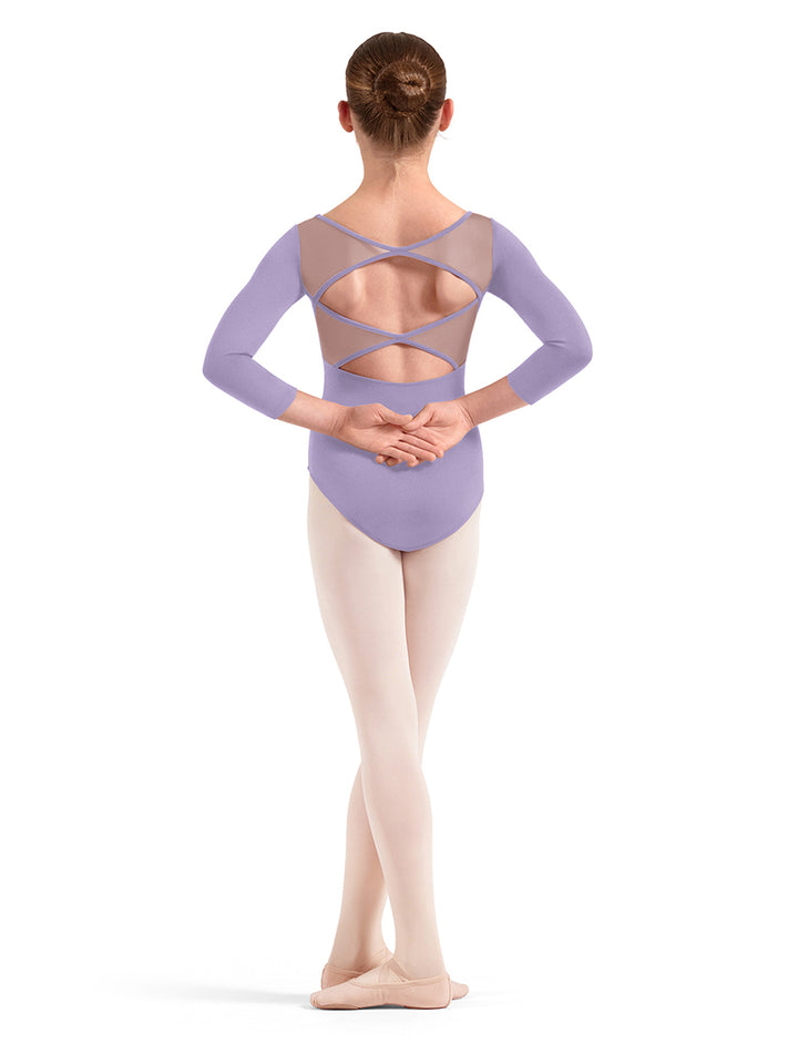 Floral Embroidered 3/4 Sleeve Mesh Back Leotard - Girls