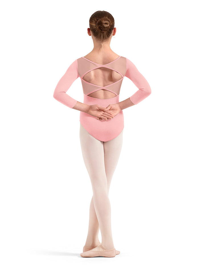 Floral Embroidered 3/4 Sleeve Mesh Back Leotard - Girls