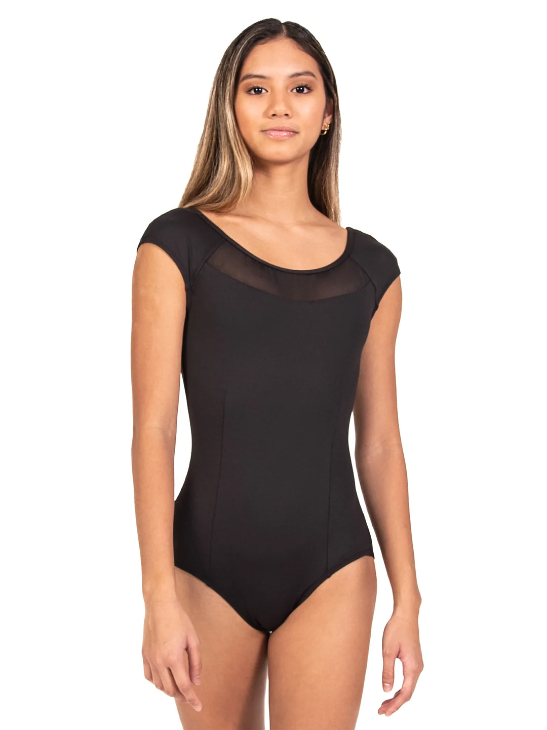 Bianca Mesh Neckline Cap Sleeve Leotard