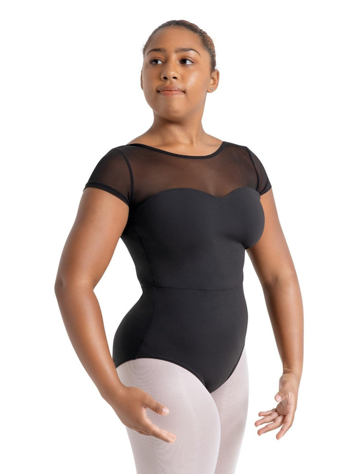 Meryl Mesh Yoke Short Sleeve Leotard